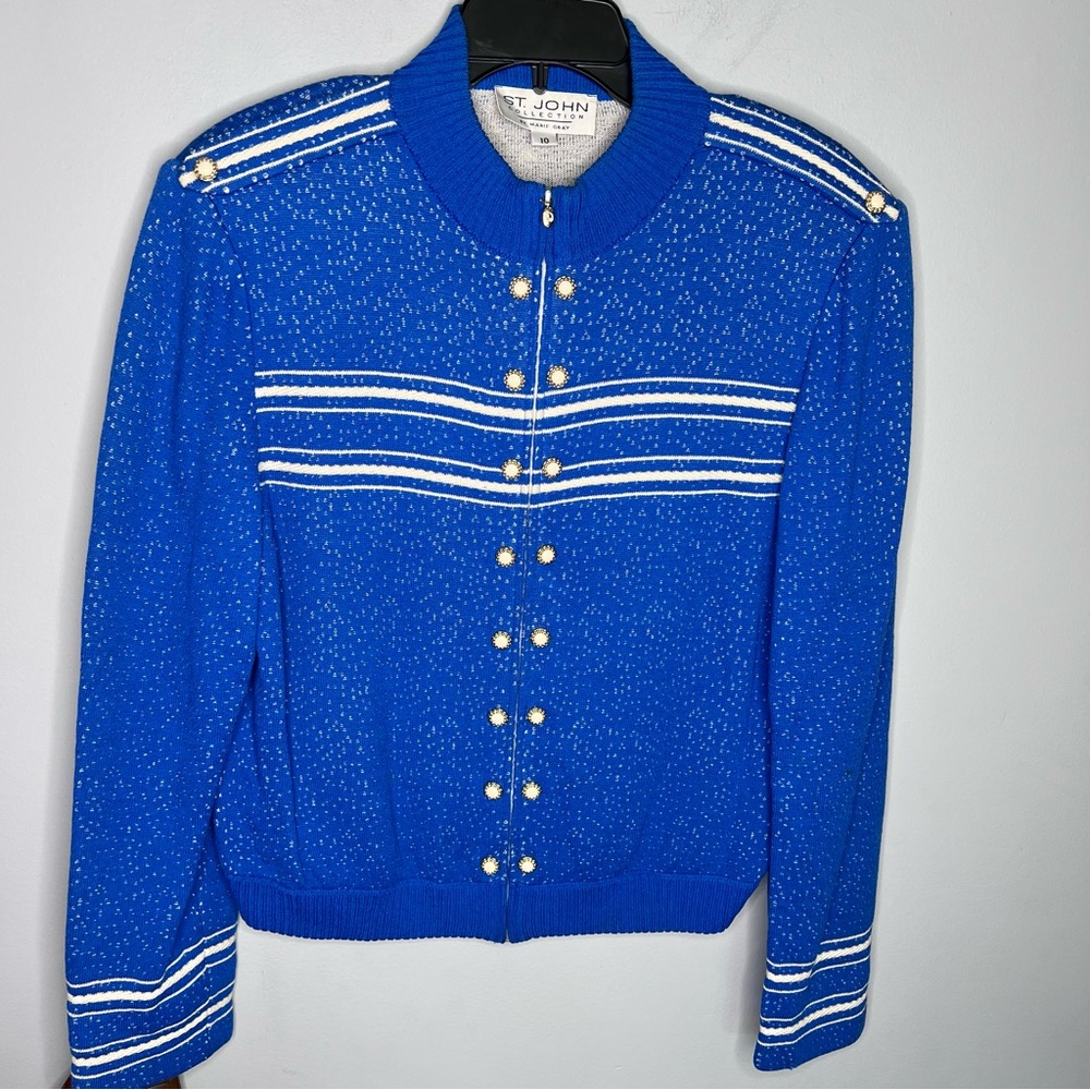 St. John Royal Blue Knit Jacket with White Stripes and Gold Buttons